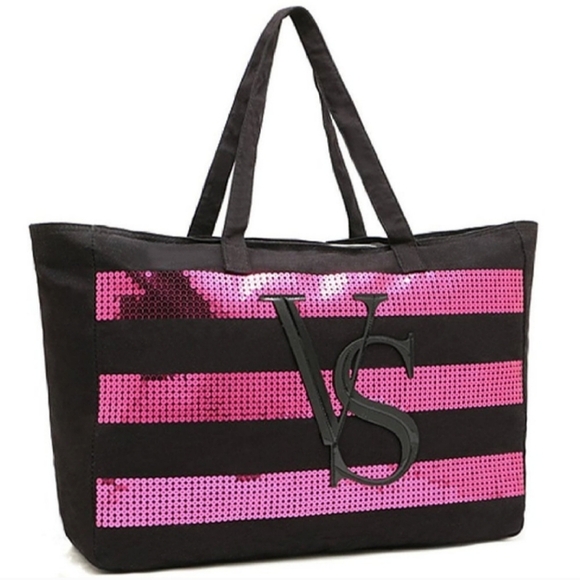 Victoria's Secret Black & Pink Sequin Extra Large Canvas Tote Bag from 2014 - Picture 1 of 3